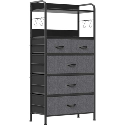Jojoka Dresser for Bedroom with 5 Drawers, Dressers & Chests of Drawers for Hallway, Entryway, Storage Organizer Unit with Fabric, Sturdy Metal Frame, Wood Tabletop, Easy Pull Handle