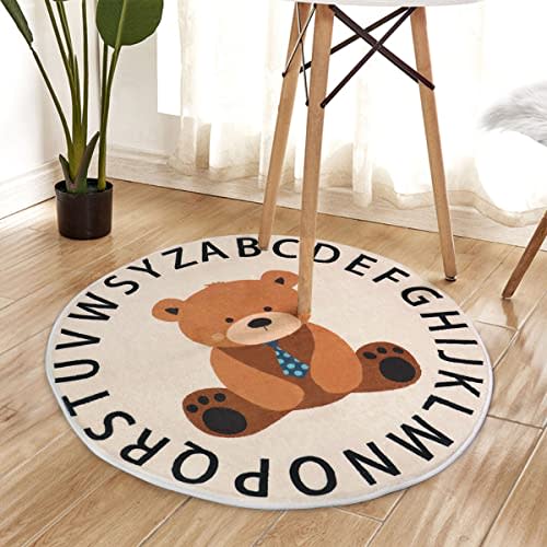 ABC Round Rug for Kids Soft Alphabet Nursery Area Rug Boys Girls Educational Learn Fun Rug Play Mat Baby Crawling Mat Carpet for Kids Room Bedroom Living Room Decor (bear, 31 inch)
