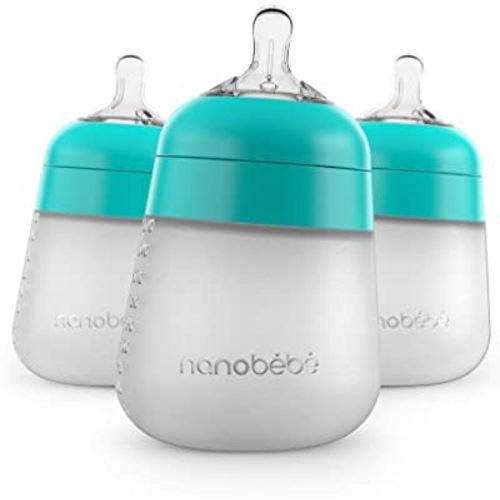 Nanobebe Flexy Silicone Baby Bottles, Anti-Colic, Natural Feel, Non-Collapsing Nipple, Non-Tip Stable Base, Easy to Clean - 3-Pack, Teal, 9 oz