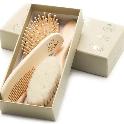 Baby Hair Brush and Comb Set for Newborn Wooden 4 Piece Soft Bristle Baby Brush and Comb Set for Newborn Girl Boy and Toddler Soft Cradle Cap New Born Infant Hair Brushes Perfect Baby Registry Gift