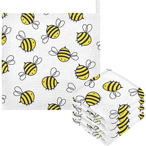Cute Bee Muslin Baby Hand Washcloths, Soft Cotton Bath Face Towel, 4 Layers Extra Absorbent Feeding Burp Cloth for Newborn Infant, 5 Pack