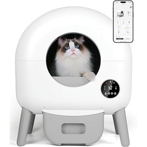 Self Cleaning Litter Box -110L Automatic Cat Litter Box Self Cleaning, All Litter Can Use, with 1 Roll Garbage Bags and Mat, App Control, White