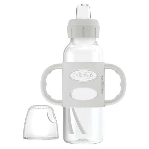 Dr. Brown's Milestones Narrow Sippy Spout Bottle, 100% Silicone Handles, 8oz/250ml, 6m+, BPA Free, Gray