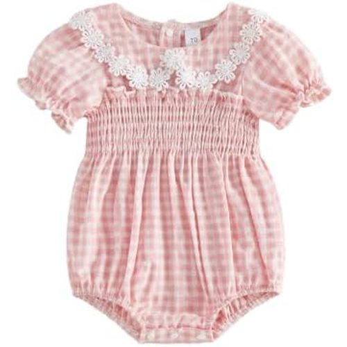 Douhoow Baby Girl Plaid Romper Short Sleeve Doll Collar Baby Dress Romper Infant Girl Summer Festival Clothes