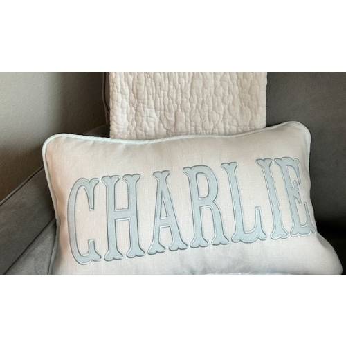 Applique pillow cover, NAME and piping trim color of your choice, 100% white linen