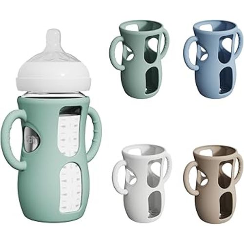 4 Pack Silicone Sleeves for Avent Natural Glass Bottles, Anti Breakage Baby Bottle Protector with Easy-Grip Handle, Compatible Philips Avent Glass Natural Bottle 8 oz, Not for Infant Use