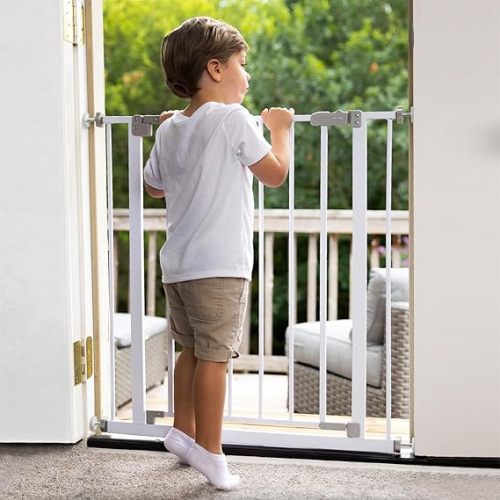 InnoTruth 28.9-42.1" Wide Baby Gate for Stairs, 30" Tall Dog Gates for Doorways Expandable One-Hand Open, Easy Walk Through Dual Lock Metal Pet Gates for Dogs, White-Family & Mom's Choice Award Winner