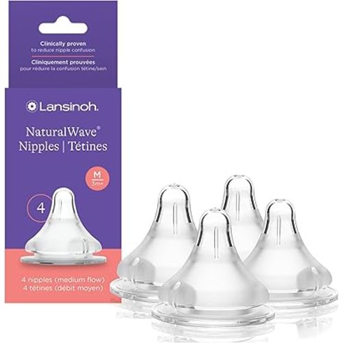 Lansinoh NaturalWave Baby Bottle Nipples – 100% Soft, Durable Silicone, Made Without BPA BPS, Anti-Colic, Supports Baby’s Developing Mouth and Teeth, Medium Flow, Size M, 4 Count, 3+ Months