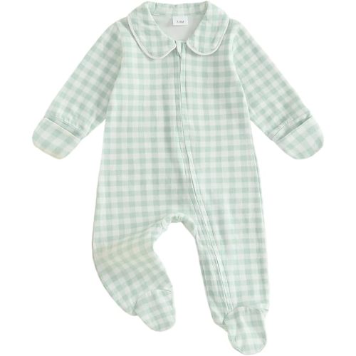 BULINGNA Newborn Baby Boy Girl Gingham Footed Romper Peter Pan Collar Infant Long Sleeve Zipper Jumpsuit Coming Home Outfit