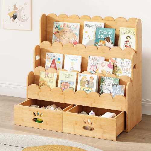 Bookshelf with 2 Drawers, 3-Tier Bamboo Book Shelf for Rooms, Bookshelf for Nursery, Montessori Bookcase, Scalloped Bookshelves for Classroom, Playroom, Natural
