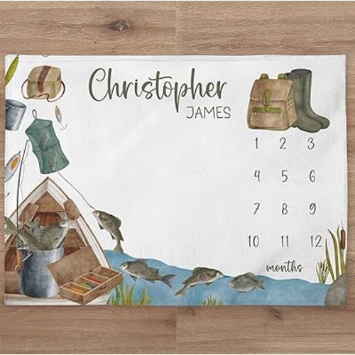 Fishing Boat Milestone Blanket Personalized Baby Boy Month Blanket Fish Nursery Custom Newborn Age Calendar Tracker New Mom HHQ63_BLKBB01_11