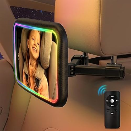 Baby Car Mirror with Light, Remote Control Baby Rear Facing Car Seat Mirror 7 RGB Light Modes 360° Rotation Car Seat Mirror for Baby Hook Clip Design Rechargeable Car Mirror Wide View Shatterproof