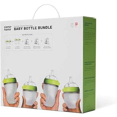 Comotomo Baby Bottle Bundle, Green, (7 Piece Set)