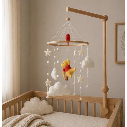 Bouclé & Winnie The Pooh Bear Baby Mobile, Teddy Bear Nursery Decor, Neutral Crib Mobile with Clouds, Felt Stars, beads, Baby Shower Gift,