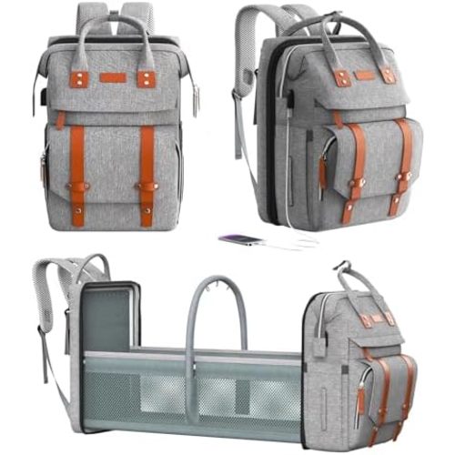 Diaper Bag Backpack with Changing Station, Large Diaper Bag, Multifunctional Diaper Bag, Baby Bag, Gray