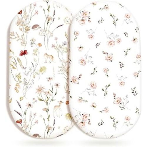 GRSSDER Ultra Soft Bassinet Sheets 2 Pack, Stretchy Breathable Knit Bassinet Mattress Sheets for Baby, Universal Fitted Baby Cradle Moses Basket Oval Rectangle Pads Safe and Snug, Stylish Flora