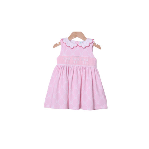 Smocked Bow Pink trellis Knit Dress