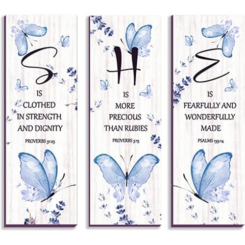 DONFENTHY 3 Pcs Butterfly Wall Decor Blue Room Decor Butterfly Wall Art Wooden Hanging with Religious Bible Word Sign for Women Room Bathroom Bedroom Office Decoration(Blue, 12x4 Inch)