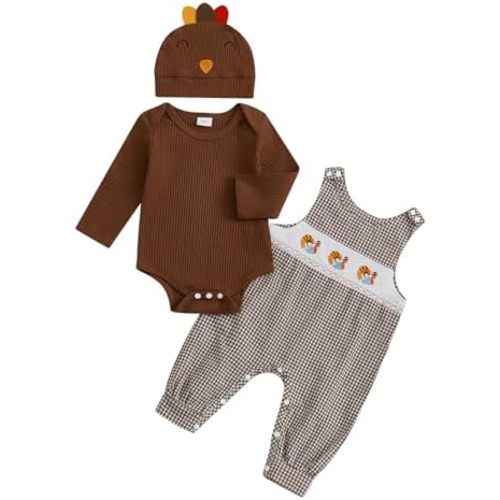 My First Thanksgiving Baby Boy Outfit Infant Little Turkey Hat Ribbed Bodysuit Overalls Pants Newborn Outfits