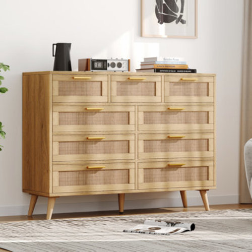 Bay Isle Home Bay Isle Home™ 9 Drawers Dresser For Bedroom, Boho Chest Of Drawers With Metal Handles, Wooden Storage Organizer With Rattan Drawers For Closet, Living Room, Hallway, Natural 6848E1E62EF54632895AFA595D8878B5 | Wayfair