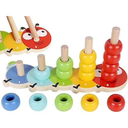 TOWO Wooden Stacking Rings Baby –Lovely Caterpillar Counting Game - Colour Sorting Puzzle - 5 Pegs Ring Stacker - Counting Rings Early Learning Wooden Toys for 1 Year Old Gift First Birthday Boy Girl