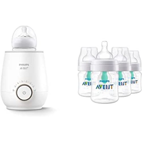 Philips Avent Baby Bottle Warming Bundle with Anti-Colic Baby Bottle with AirFree Vent, 4 Ounce, 4 Pack + Fast Baby Bottle Warmer