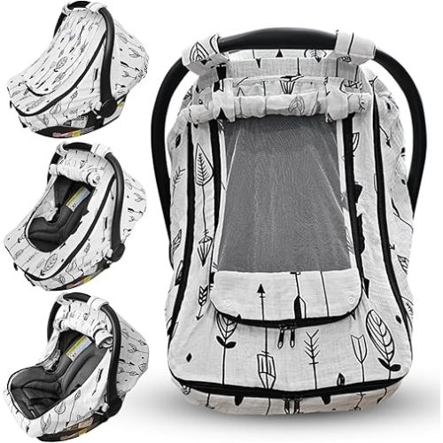 Car Seat Cover for Babies with 100% Cotton Muslin Material| Breathable Carseat Cover for Boys and Girls | Infant Car Seat Canopy for Boys and Girls (Arrows)