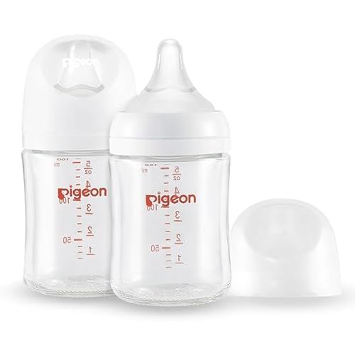 Pigeon Glass Nursing Baby Bottle Wide Neck(Pack of 2), Streamlined Body, Natural Feel, Easy to Clean, Heat-Resistant, 5.4Oz