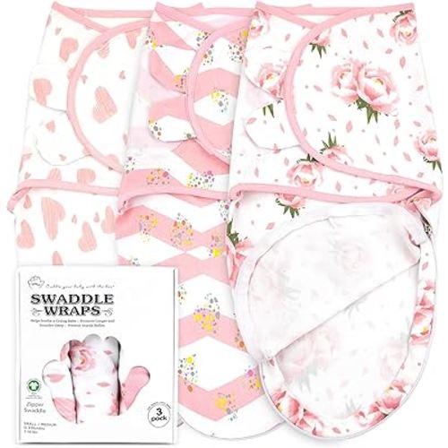 Baby Swaddle Wrap, Easy Change Baby Organic Zipper Blanket Swaddles, 3-Pack Newborn Swaddle Sack, Baby Swaddles Sleep Sack 0-3 Months, Swaddles for Newborns, Nursery Swaddling Blankets, Pink Floral