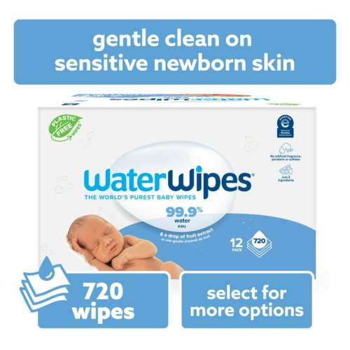 WaterWipes Original Baby Wipes, 99.9% Water Based, Fragrance-Free, for Sensitive Skin, 12 Packs (720 Wipes)