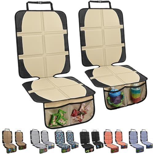 NEWFOM Car Seat Protector for Child Car Seat, 2 Pack Baby Car Seat Covers with Mesh Pockets & Non-Slip Backing 600D Durable Seat Protector Under Baby Car Seat for Car Back Seat (Beige, Large)