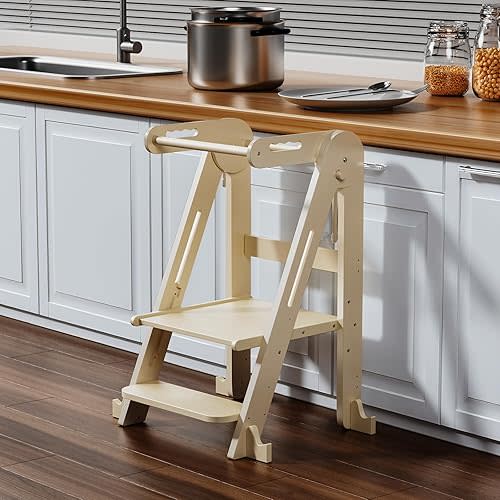 Kids Kitchen Step Stool, Foldable Toddler Tower, Height Adjustable Toddler Standing Tower with Safty Rail and Anti-Slip Device, Wooden Stool for 1.5-6 Years(Nature-Wood)