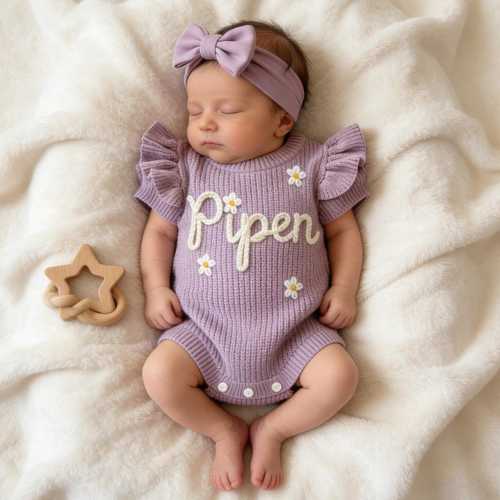 Newborn Frilly Romper, Custom Name Baby Girl Romper, Cotton Knit Ruffle Romper, Hand Embroidered Toddler Romper, Personalized Gift for Baby