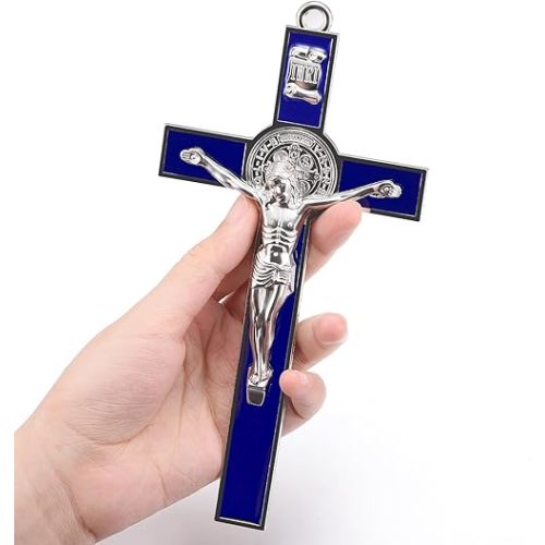 7 Inch Metal Enamel Crucifix Wall Cross Big Saint Benedict Medal INRI Cross Wall Art Give Blessing and The Spiritual Sacred:Faith Gift for your Acquaintances (Blue)