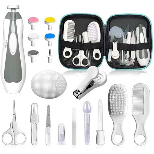 Baby Grooming Kit - 19 in 1 Nursery Essentials Baby Registry Shower Gift for Newborns, Infants, Toddlers, Boys, Girls Kids-Safety Baby Comb, Brush, Finger Toothbrush, Nail Clippers, Scissors(Grey White)