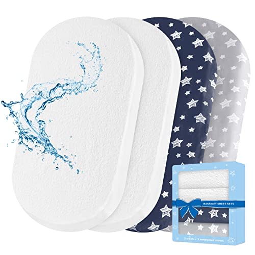 Bassinet Sheets & Waterproof Bassinet Mattress Pad Protector 4 Pack Set, Viscose Made from Bamboo, Universal Fit for Oval, Hourglass and Rectangular Mattress, Grey & Navy