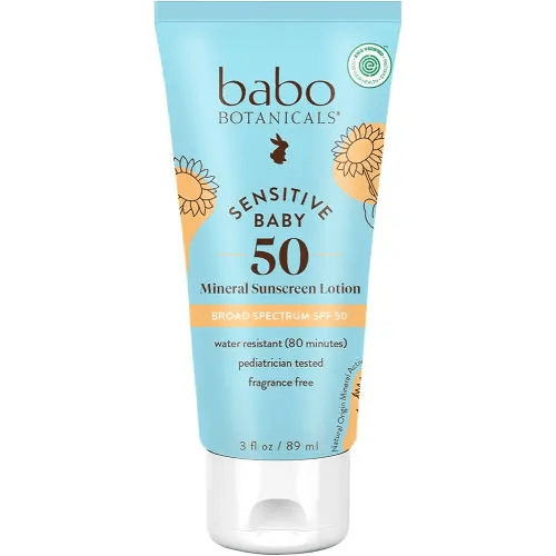 Babo Botanicals Sensitive Baby Mineral Sunscreen Lotion SPF50 - Natural Zinc Oxide - Face & Body - Fragrance-Free - Water-Resistant - EWG Verified - Vegan - Extra Sensitive Skin - For Babies & Kids