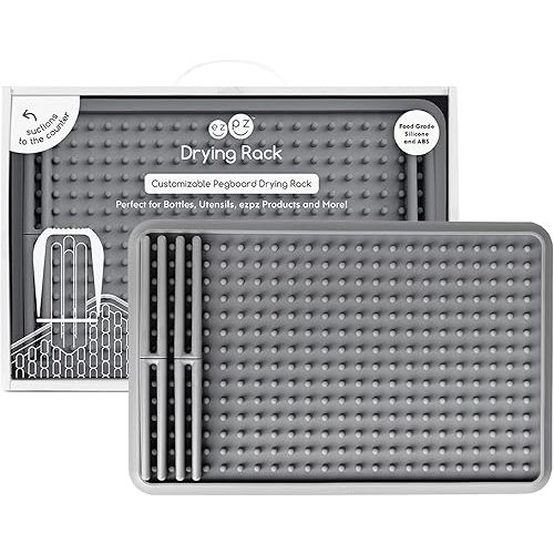 ezpz Drying Rack (Gray) - 100% Silicone Collapsible Dish Drying Rack + Suctions in Place + Adjustable Pegs - Dishwasher Safe - Durable Long-Lasting
