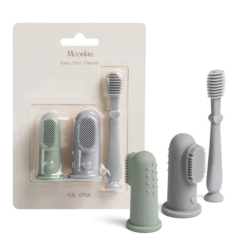 Moonkie Baby Finger Toothbrush Tongue Oral Cleaner Kit for 3 Months +, 3 Pcs (Blue/Mint/Blue)