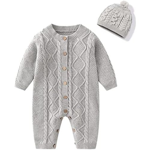 Baby Newborn Boy Knitted Sweater Romper Cotton Longsleeve Outfit with Kids Winter Warm Hats Set