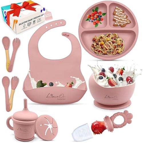 10 Pcs Silicone Baby Feeding Set - BPA-Free, Baby Led Weaning Supplies, Toddler plates and bowls Set – Empower Your Little One's Independence with LimOr's Baby utensils 6-12 months (Pink)