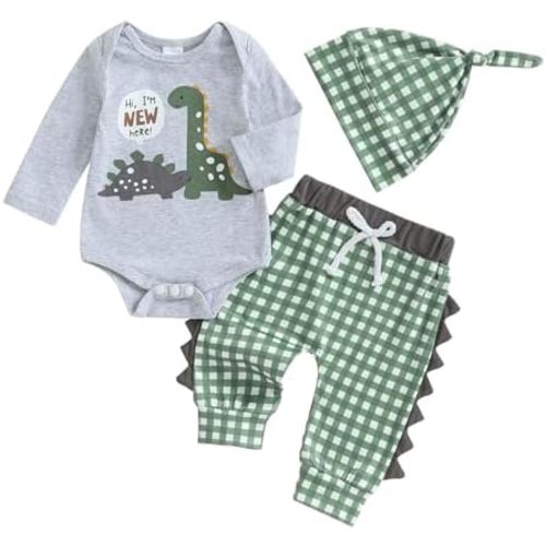 Tsnbre Infant Baby Boy Clothes Im New Here Newborn Outfit Dinosaur Print Long Sleeve Romper + Pants + Hat 3PCS Outfits