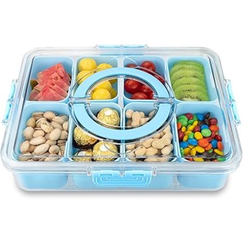 Divided Serving Tray with Lid and Handle,8 Compartments Snacks Box,Snack Fruit Tray,Veggie Tray,Portable Platter for Candy Fruits Nuts Snack Party Entertaining Picnic(1PCS Blue)