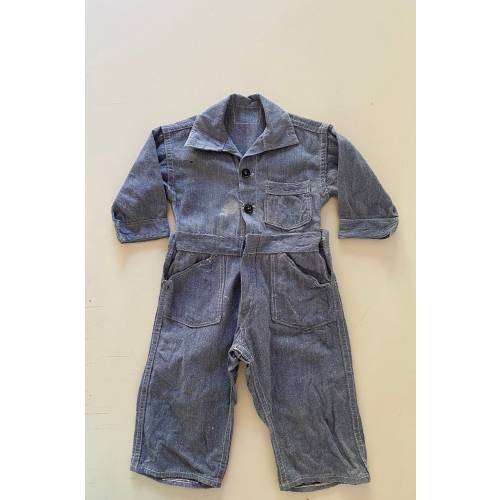 Vintage 50s Rare Baby Coveralls Button Back Workwear Overalls Blue Cotton One Piece Long Sleeve Jumpsuit Size 18-24 Months