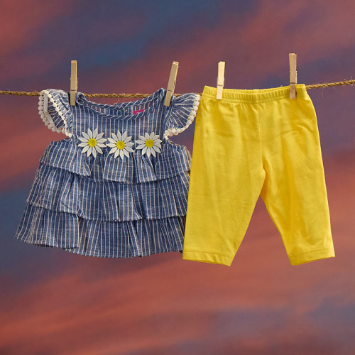 Infant Ruffle Chambrey Stripe Top with 3 Daisies and Leggings Set
