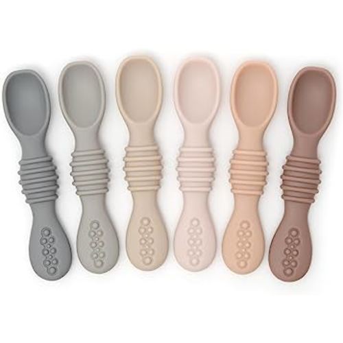 PrimaStella Silicone Chew Spoon Set for Babies and Toddlers - Safety Tested - BPA Free - Microwave, Dishwasher and Freezer Safe - Neutral Palette