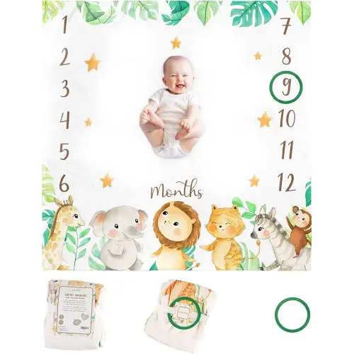 Monthly Baby Milestone Blanket,47"x47" Premium Fleece Baby Monthly Milestone Blanket for Baby Boy or Baby Girl with Felt Marker, Baby Month Milestone Blanket (Safari Animals)