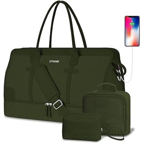 ETRONIK Weekender Overnight Bag for Women, Large Travel Duffle Bag with Shoe Compartment & Wet Pocket, Carry On Tote Bag Gym Duffel Bag with Toiletry Bag, 3 Pcs Set, Large Size, Dark Green