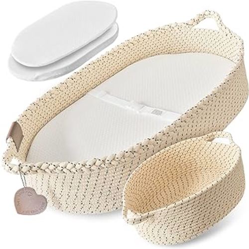 Baby Changing Basket Set w/Matching Diaper Caddy, Comfy Pad & Extra Waterproof Bamboo Jacquard Cover, Reinforced Cotton Rope Moses Baskets for Newborn