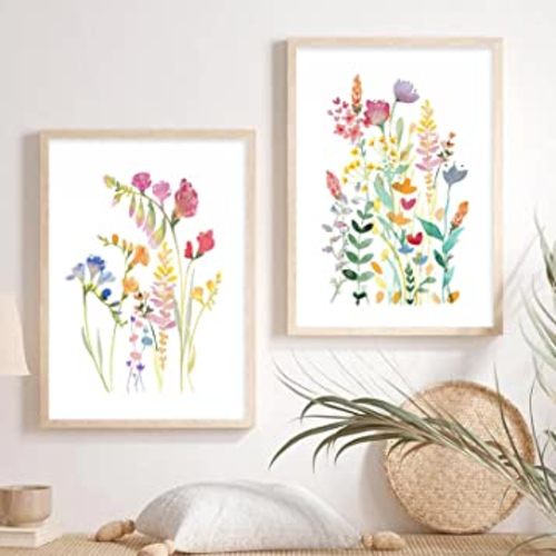 Watercolor Minimalist Wildflowers Art Print Colorful Flower Pictures Wall Decor for Bathroom Wildflower Painting on Canvas Watercolor Floral Pictures Wildflower Nursery Canvas 12x16inx2 Frameless Poster